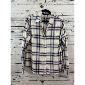 Women's Ocean + Coast Plaid Shirt L White Blue